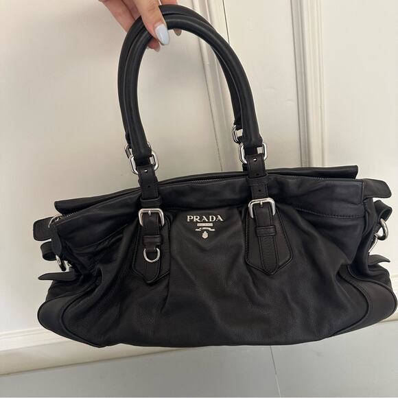 Vintage Prada Black Top Handle Bag Satchel Crossbody Silver Logo Belt Designer - Picture 2 of 16